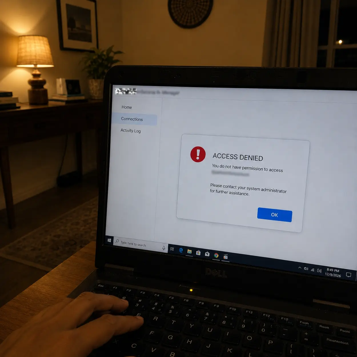 An access denied dialog on the laptop software the narrator had used every day for years